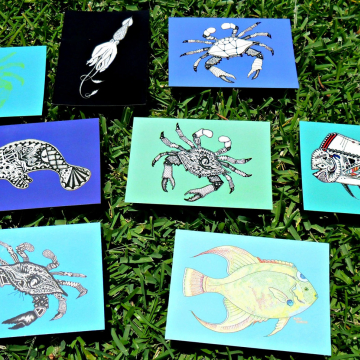 Crab and Ocean Animal Art Postcards
