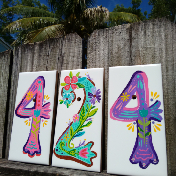 Boho house numbers on tile